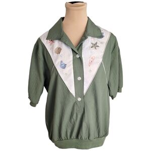 BonWorth Vintage Sea Shell Green Embroidered Shirt Sz XS